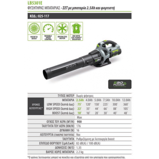 EGO POWER PLUS LB5301E ΦΥΣΗΤΗΡΑΣ ΣΕΤ ΜΠΑΤΑΡΙΑ 2,5 ΑΗ ΚΑΙ ΦΟΡΤΙΣΤΗ